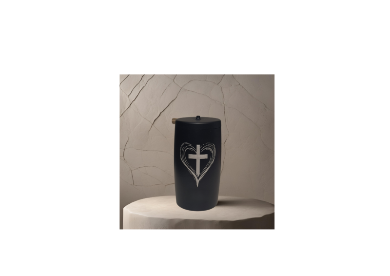 a black container with a cross and heart on it