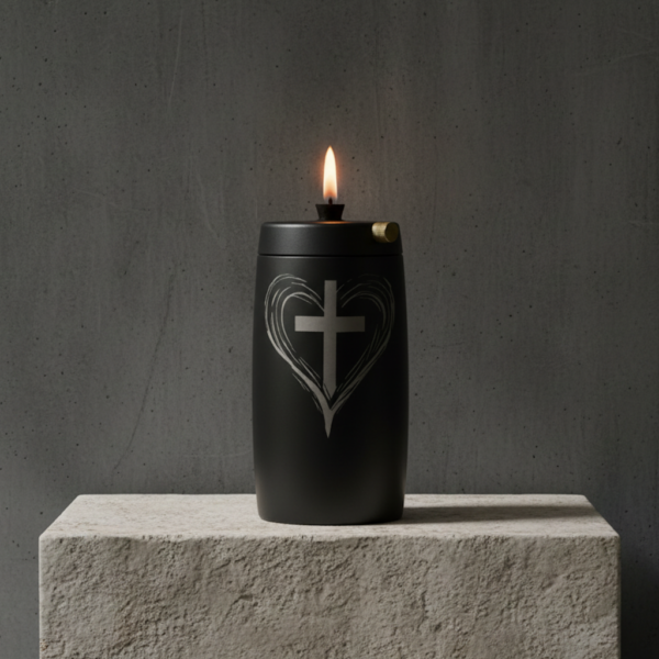Refillable Memorial Candle ETERNA LUMINA, matt black, laser engraving: heart/cross