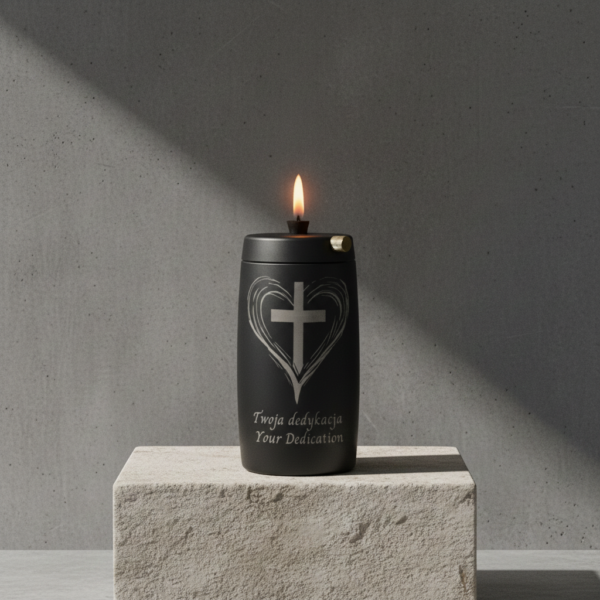 Refillable Memorial Candle ETERNA LUMINA, matt black, laser engraving: heart/cross + dedication