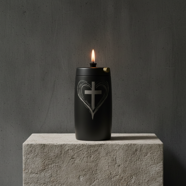 Refillable Memorial Candle ETERNA LUMINA, matt black, laser engraving: heart/cross