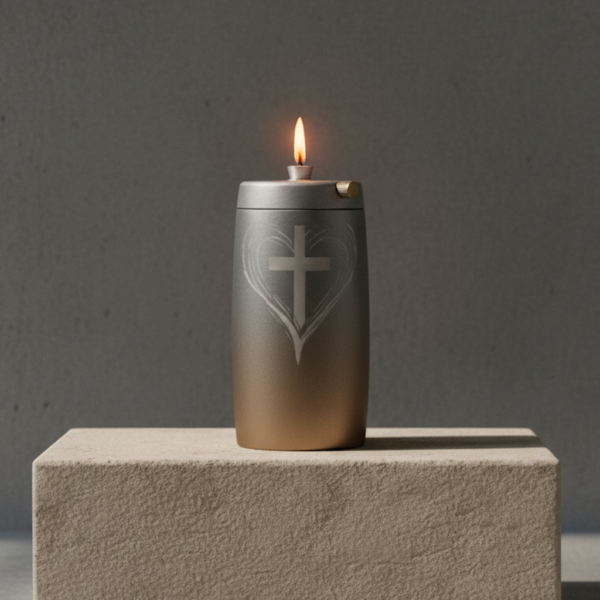 Refillable Memorial Candle ETERNA LUMINA, matt silver, laser engraving: heart/cross
