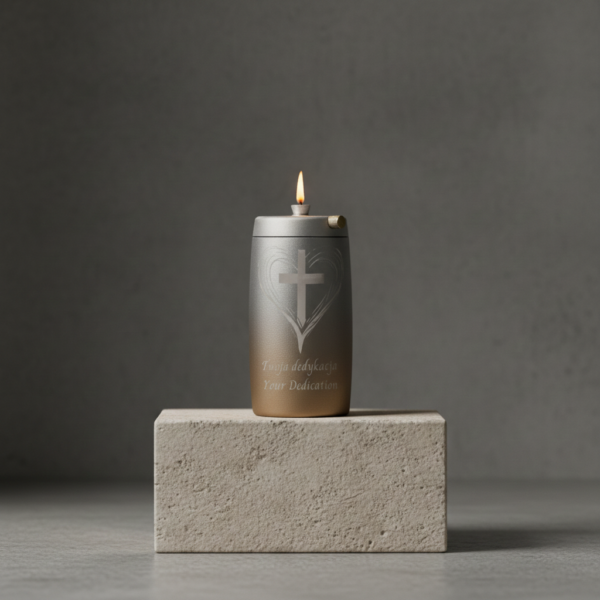 Refillable Memorial Candle ETERNA LUMINA, matt silver, laser engraving: heart/cross + dedication