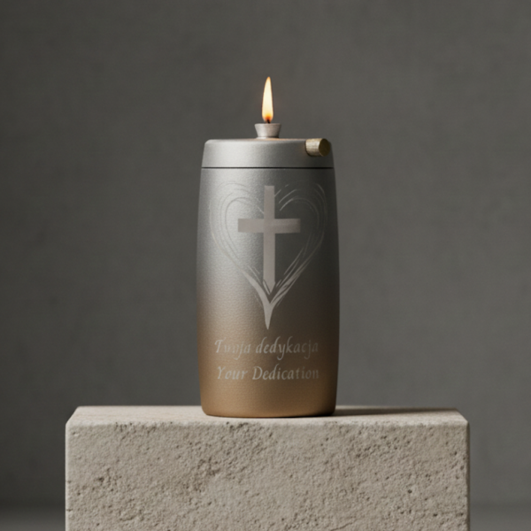 Refillable Memorial Candle ETERNA LUMINA, matt silver, laser engraving: heart/cross + dedication