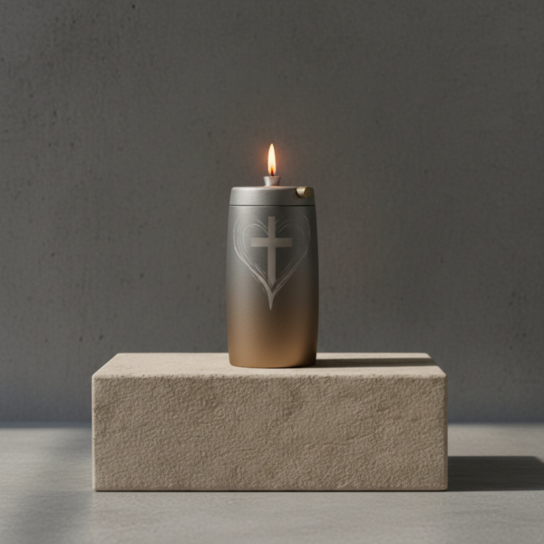 Refillable Memorial Candle ETERNA LUMINA, matt silver, laser engraving: heart/cross