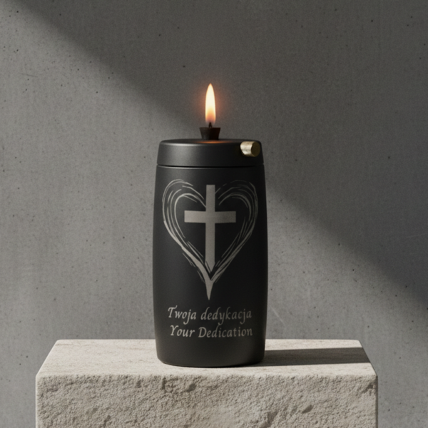 Refillable Memorial Candle ETERNA LUMINA, matt black, laser engraving: heart/cross + dedication