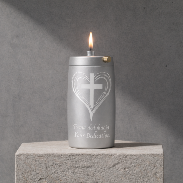 Refillable Memorial Candle ETERNA LUMINA, matt silver, laser engraving: heart/cross + dedication