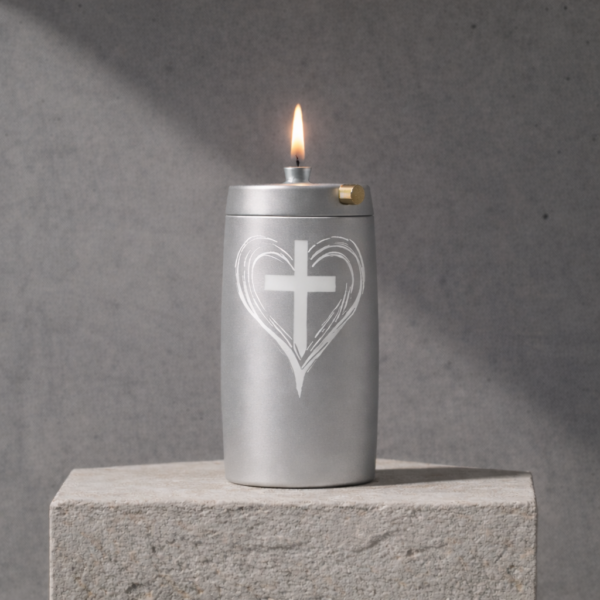 Refillable Memorial Candle ETERNA LUMINA, matt silver, laser engraving: heart/cross