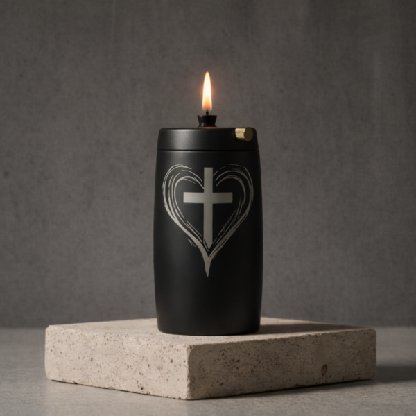 Refillable Memorial Candle ETERNA LUMINA, matt black, laser engraving: heart/cross