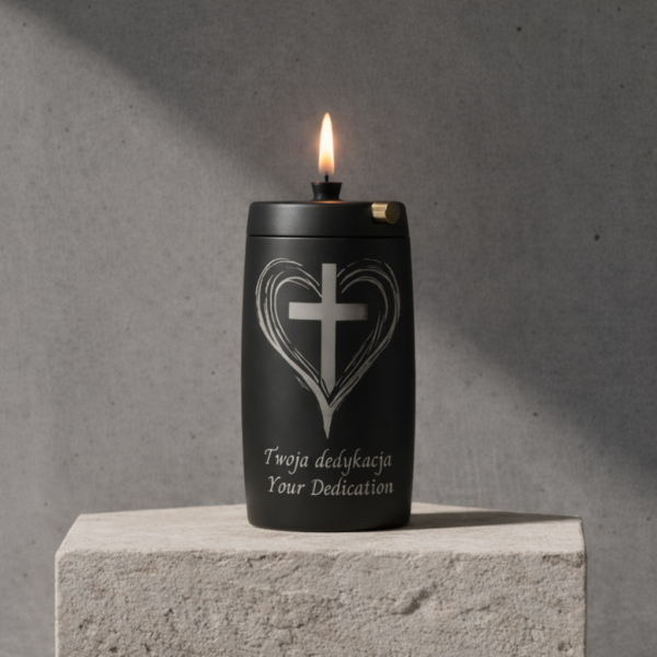 Refillable Memorial Candle ETERNA LUMINA, matt black, laser engraving: heart/cross + dedication