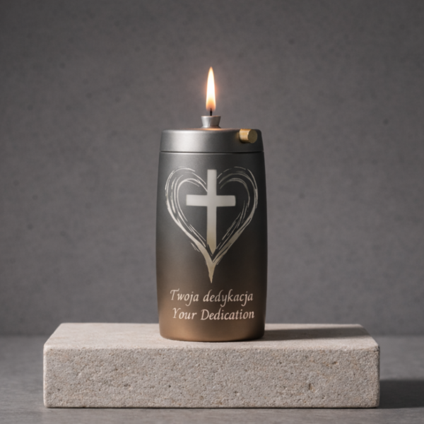 Refillable Memorial Candle ETERNA LUMINA, matt silver, laser engraving: heart/cross + dedication