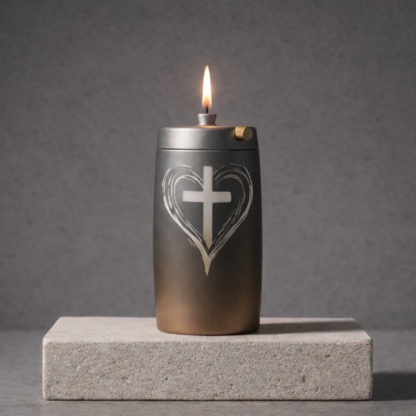 Refillable Memorial Candle ETERNA LUMINA, matt silver, laser engraving: heart/cross