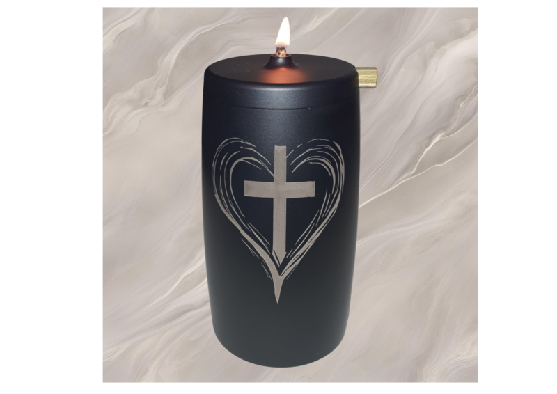 Refillable Memorial Candle ETERNA LUMINA, matt black, laser engraving: heart/cross