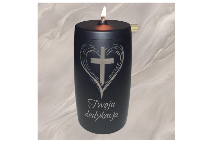 Refillable Memorial Candle ETERNA LUMINA, matt black, laser engraving: heart/cross + dedication