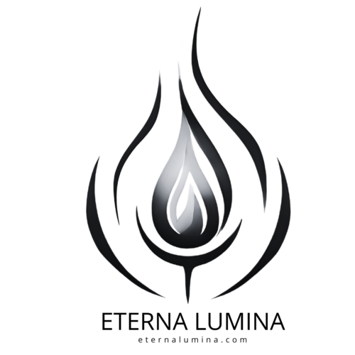 ETERNA LUMINA logo wchich contains the black white graphic of the burning flame, name of the brand ETERNA LUMINA and the web address eternalumina.com