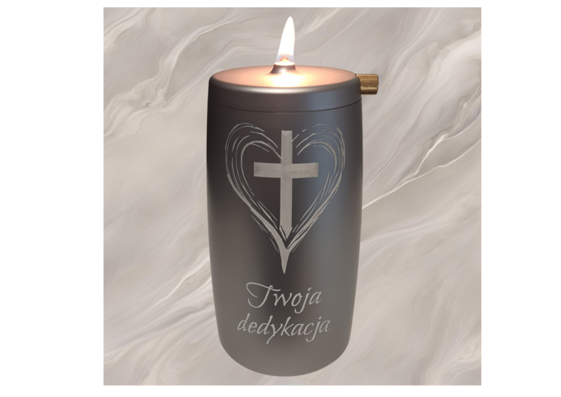 Refillable Memorial Candle ETERNA LUMINA, matt silver, laser engraving: heart/cross + dedication