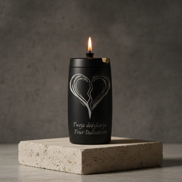 Refillable Memorial Candle ETERNA LUMINA, matt black, laser engraving: broken heart + dedication