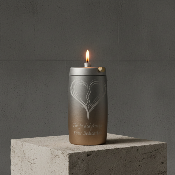 Refillable Memorial Candle ETERNA LUMINA, matt silver, laser engraving: broken heart + dedication