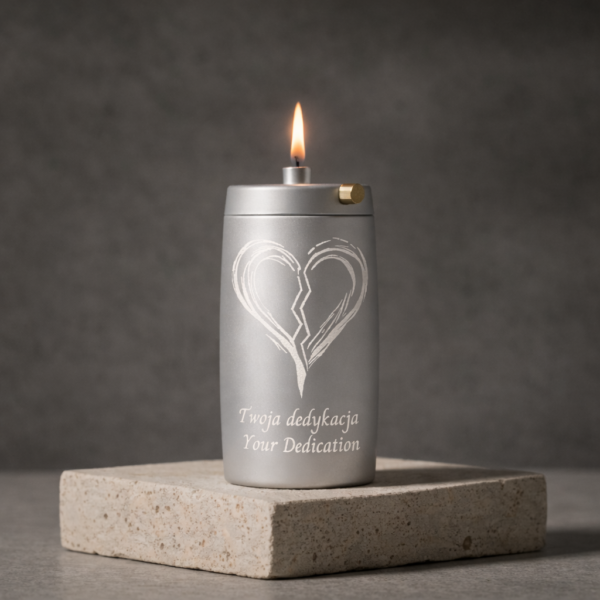Refillable Memorial Candle ETERNA LUMINA, matt silver, laser engraving: broken heart + dedication