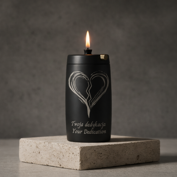 Refillable Memorial Candle ETERNA LUMINA, matt black, laser engraving: broken heart + dedication