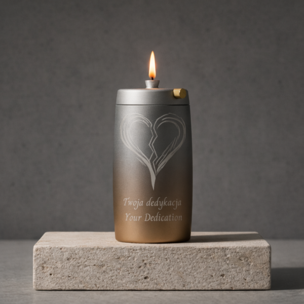 Refillable Memorial Candle ETERNA LUMINA, matt silver, laser engraving: broken heart + dedication
