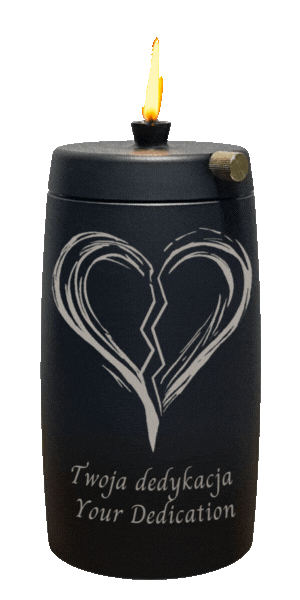 Refillable Memorial Candle ETERNA LUMINA, matt black, laser engraving: broken heart + dedication