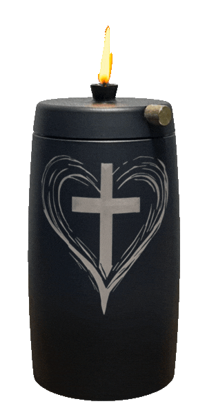 Refillable Memorial Candle ETERNA LUMINA, matt black, laser engraving: heart/cross