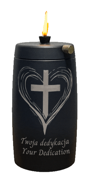 Refillable Memorial Candle ETERNA LUMINA, matt black, laser engraving: heart/cross + dedication