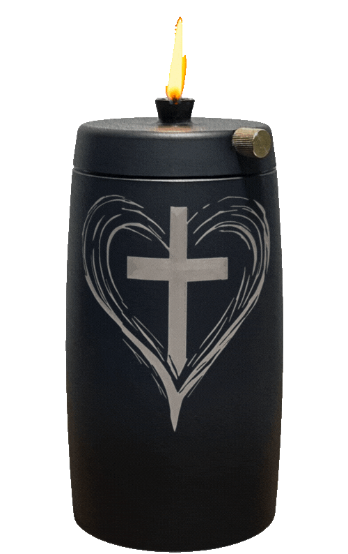 Refillable Memorial Candle ETERNA LUMINA, matt black, laser engraving: heart/cross