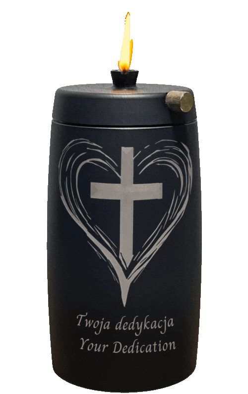 Refillable Memorial Candle ETERNA LUMINA, matt black, laser engraving: heart/cross + dedication