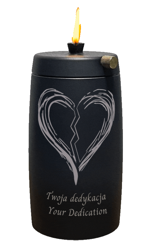 Refillable Memorial Candle ETERNA LUMINA, matt black, laser engraving: broken heart + dedication
