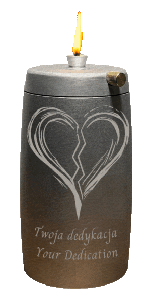 Refillable Memorial Candle ETERNA LUMINA, matt silver, laser engraving: broken heart + dedication