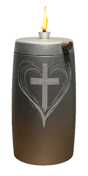 Refillable Memorial Candle ETERNA LUMINA, matt silver, laser engraving: heart/cross