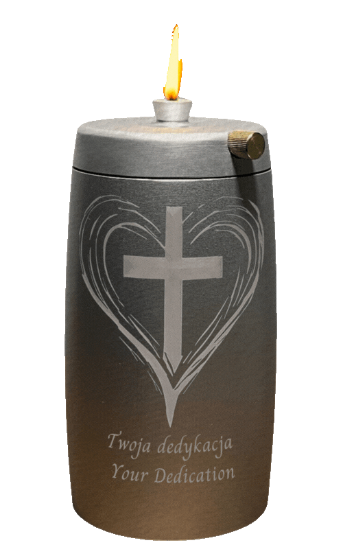 Refillable Memorial Candle ETERNA LUMINA, matt silver, laser engraving: heart/cross + dedication
