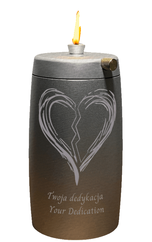 Refillable Memorial Candle ETERNA LUMINA, matt silver, laser engraving: broken heart + dedication