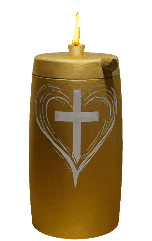 Refillable Memorial Candle ETERNA LUMINA, matt gold, laser engraving: heart/cross