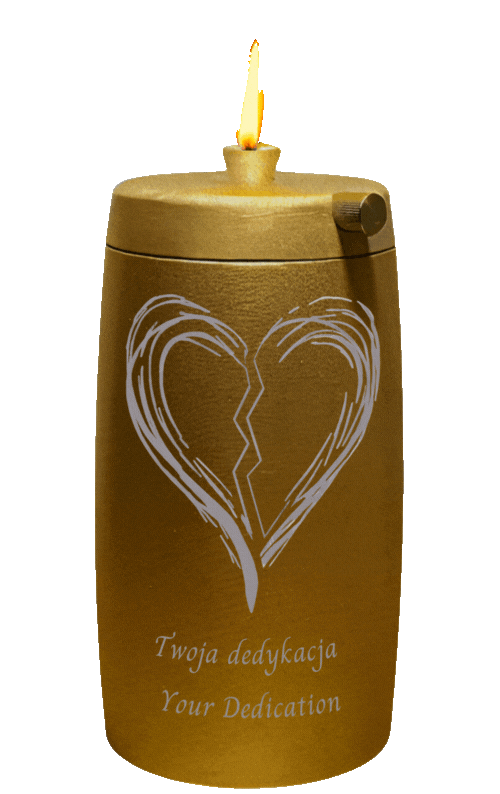 Refillable Memorial Candle ETERNA LUMINA, matt gold, laser engraving: broken heart + dedication