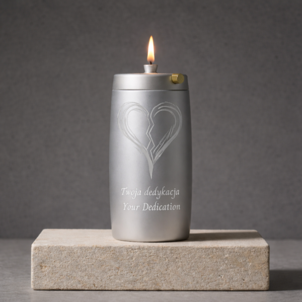 Refillable Memorial Candle ETERNA LUMINA, matt silver, laser engraving: broken heart + dedication