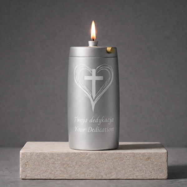Refillable Memorial Candle ETERNA LUMINA, matt silver, laser engraving: heart/cross + dedication
