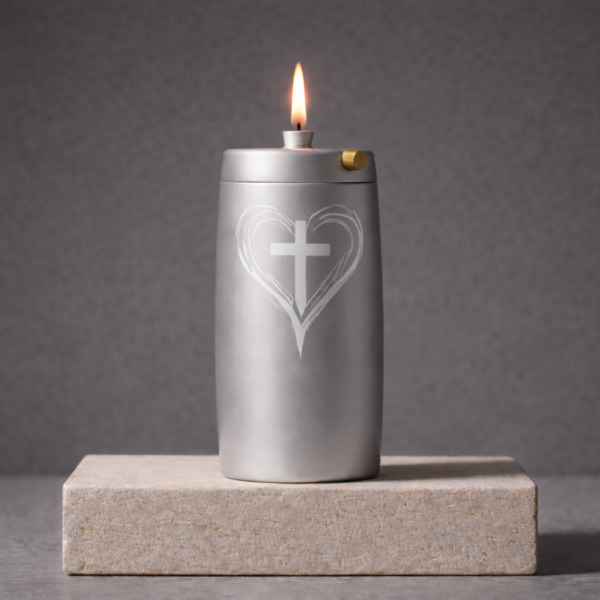 Refillable Memorial Candle ETERNA LUMINA, matt silver, laser engraving: heart/cross