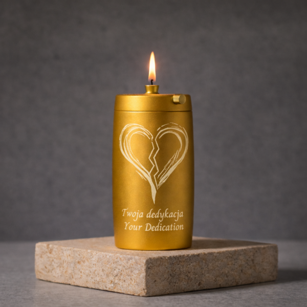 Refillable Memorial Candle ETERNA LUMINA, matt gold, laser engraving: broken heart + dedication