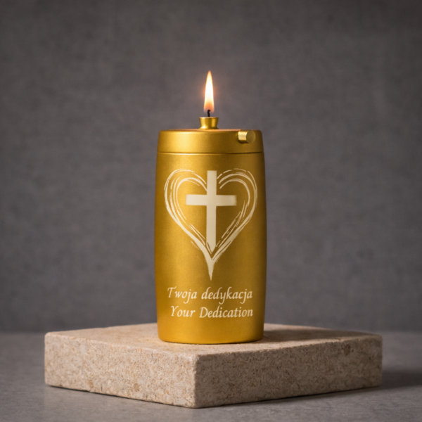 Refillable Memorial Candle ETERNA LUMINA, matt gold, laser engraving: heart/cross + dedication