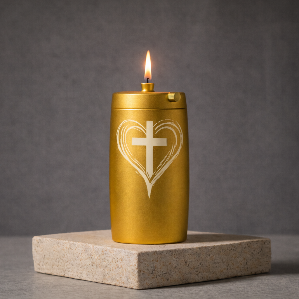 Refillable Memorial Candle ETERNA LUMINA, matt gold, laser engraving: heart/cross